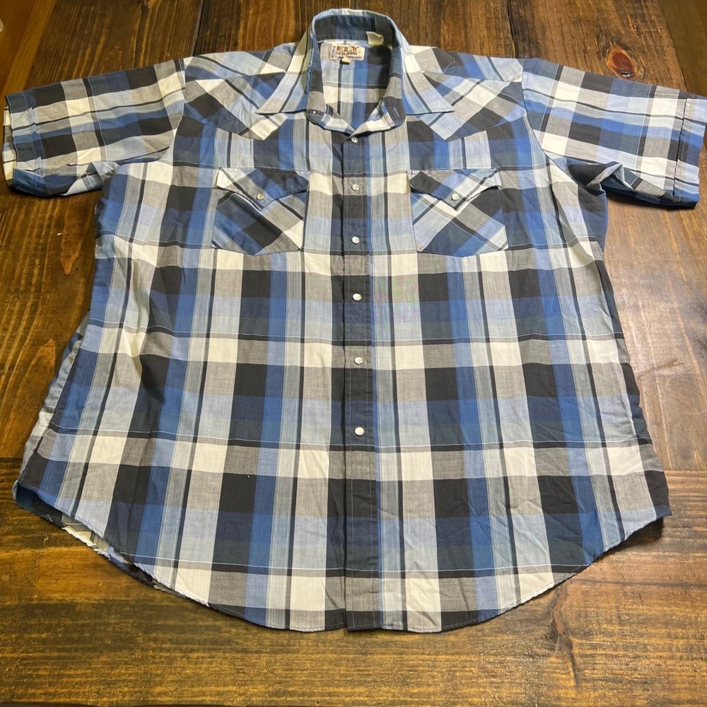 Ely Cattleman Mens XL Western Pearl Snap Shirt Blue Black Plaid Short Sleeve
